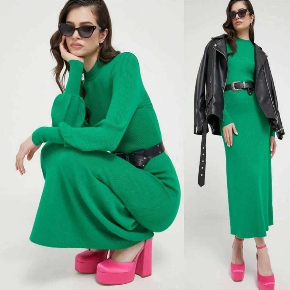 🔥HUGO Green Mock-Neck Cutout Slim Sweater Dress